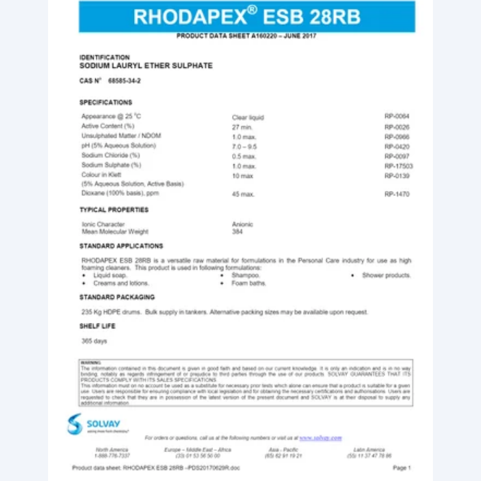 Sodium Lauryl Ether Sulphate Sles Liquid (Rhodapex ESB 28 RB) - Image 4